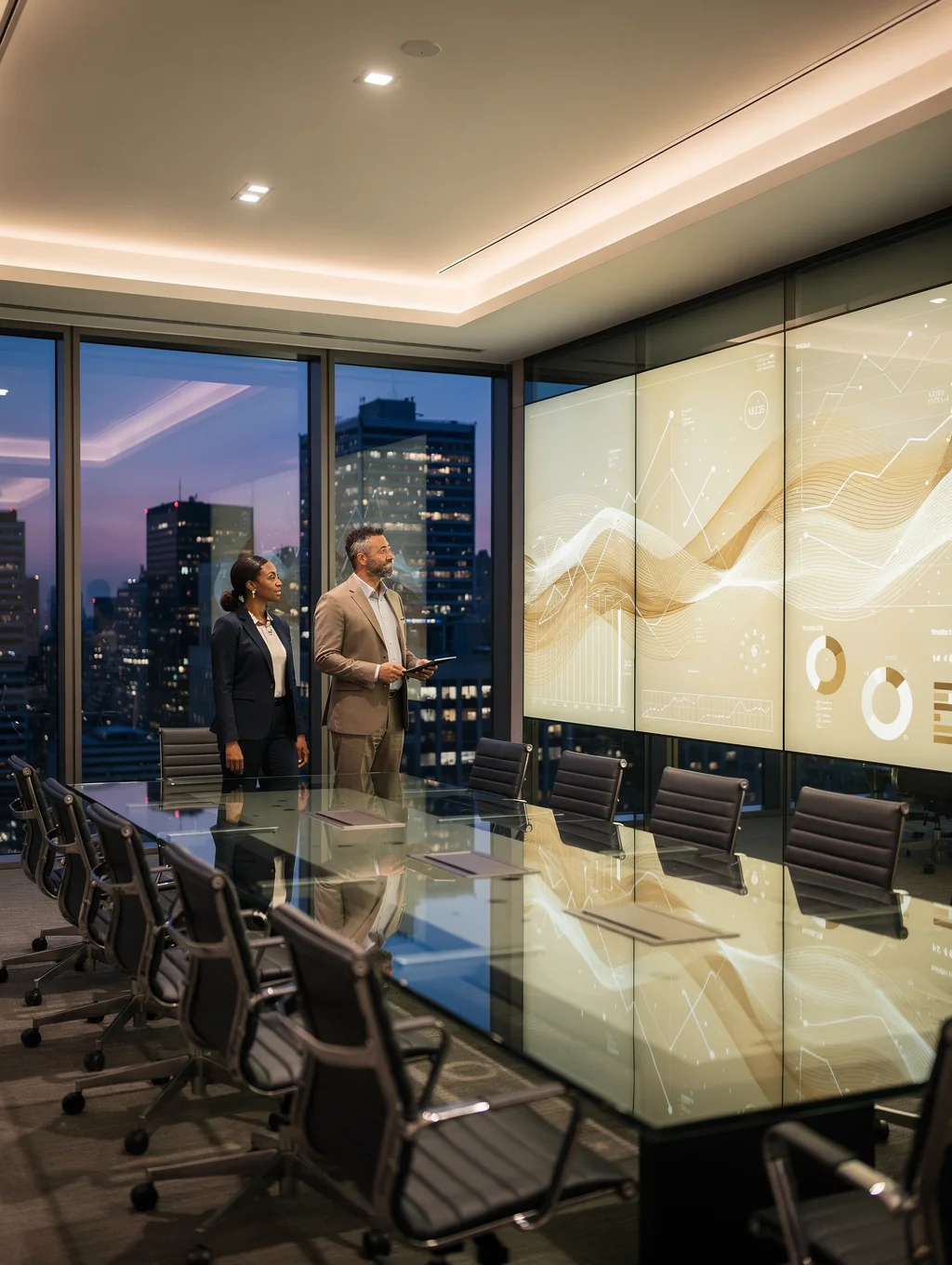 Executive leadership team discussing strategic investment opportunities in a modern boardroom