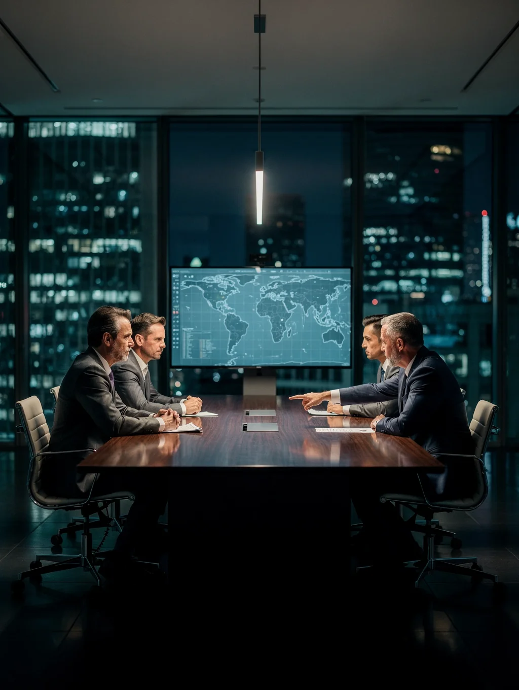 Executive team reviewing investment strategy in a modern boardroom