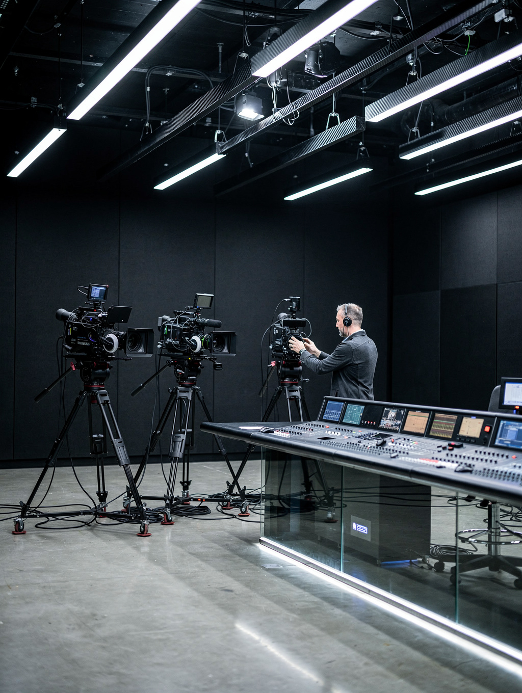 High-contrast broadcast studio equipment in low-key lighting