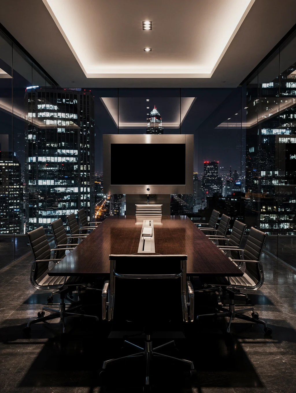 Minimalist executive boardroom with architectural lighting
