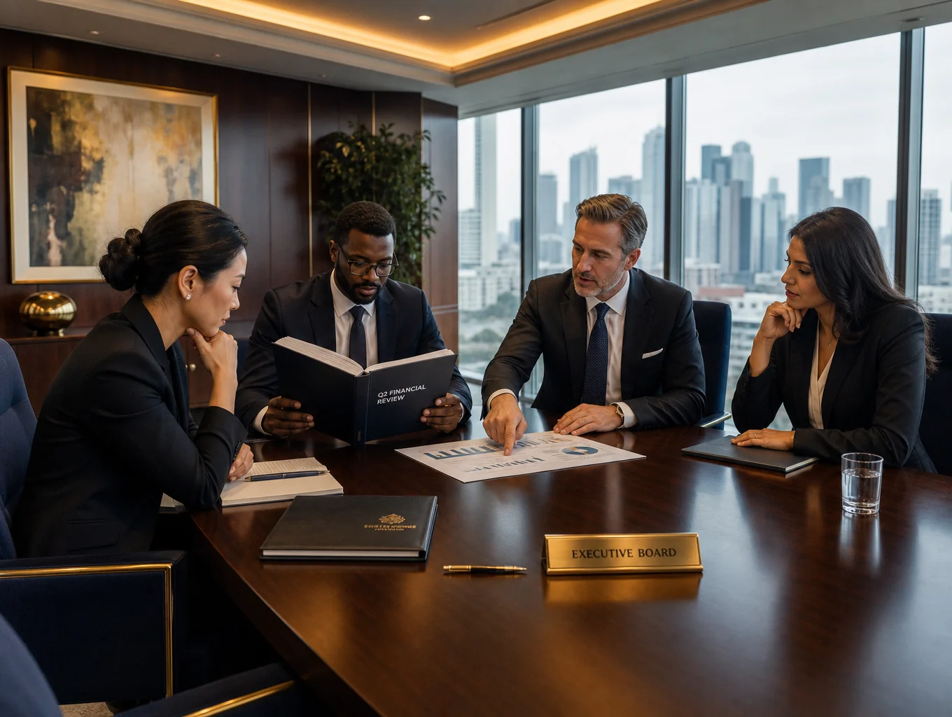 Modern executive boardroom with panoramic city views